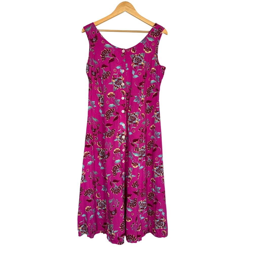 Vintage Pink Sleeveless Floral Dress Midi Button Down Womens Small Smocked Back
